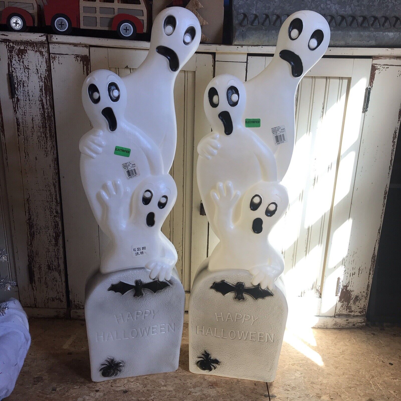 Vintage Blow Mold Halloween Ghost on Tombstone New Old Stock Featherstone PAIR