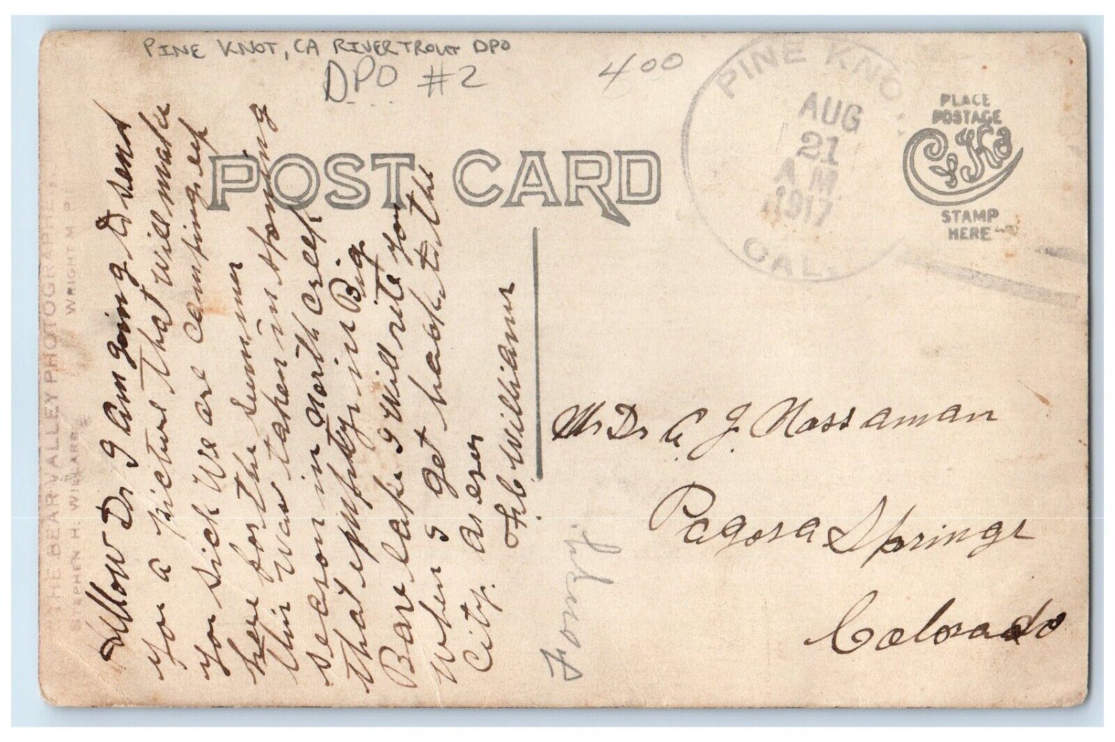 1917 River Trout DPO Pine Knot California CA RPPC Photo Posted Antique Postcard