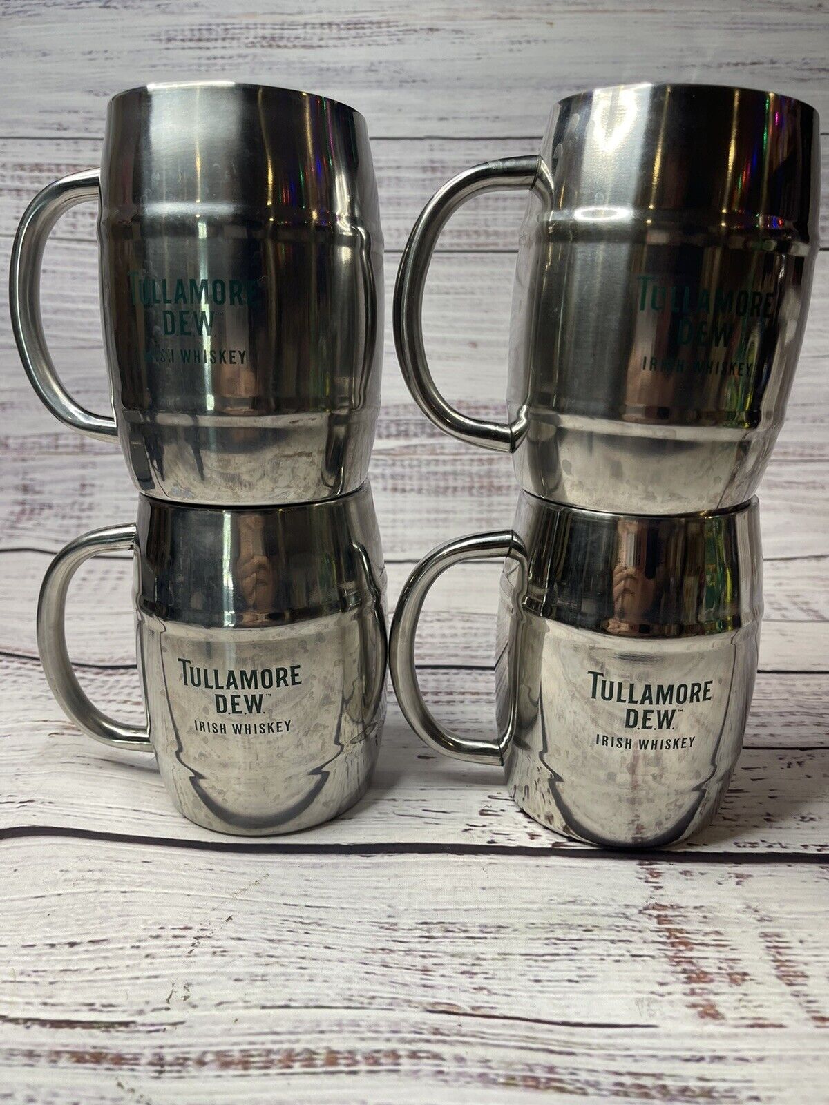 Set Of 4 Tullamore Dew Irish Whiskey Metal Mug Barrel Bar Cups / Glasses 4.75”