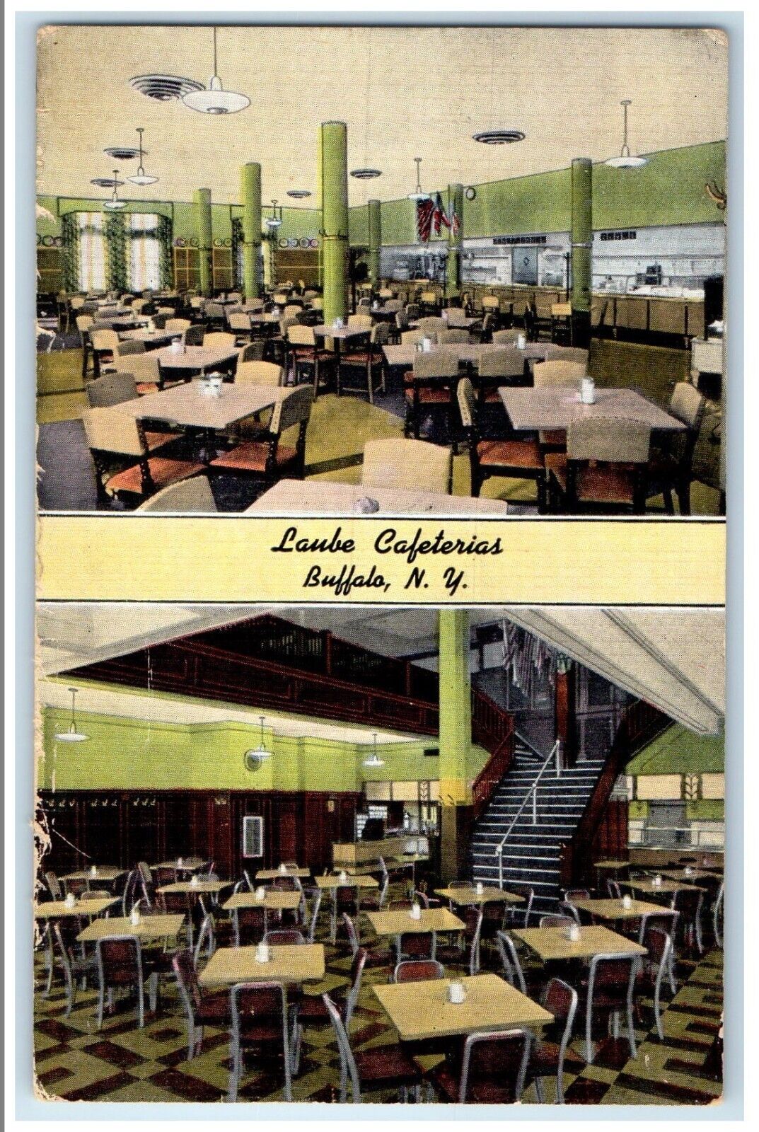 c1930\'s Laube Cafeteria Dining Room Buffalo New York NY Dual View Postcard