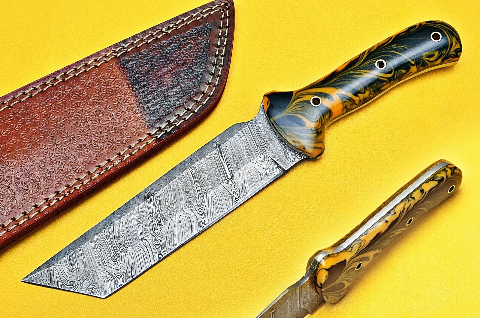 Knivesjunction Custom HandMade Damascus Hunting Knife Orange-Black Dollar Sheath