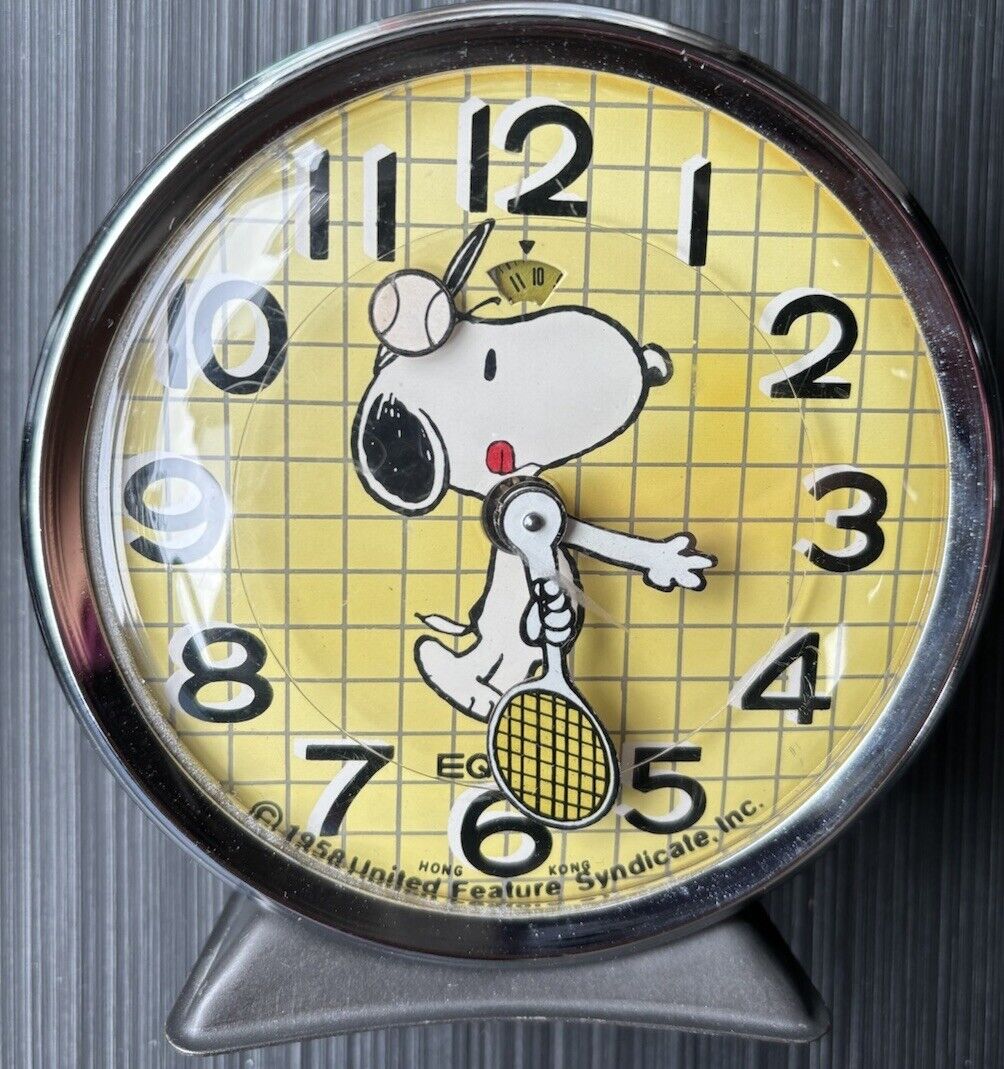 Vintage 1958 Equity Snoopy Alarm Clock Peanuts Tennis Wind Up Works
