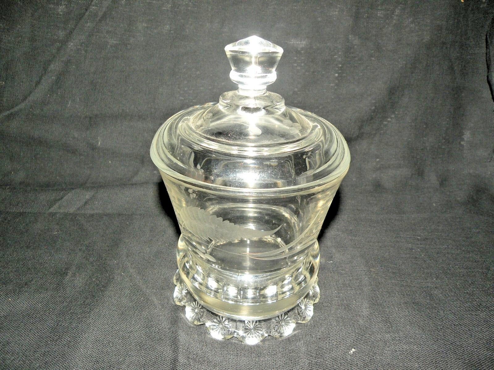 ETCHED LILLY OF THE VALLEY OR TULIP DESIGN COMPOTE COVERED JAR ANTIQUE 