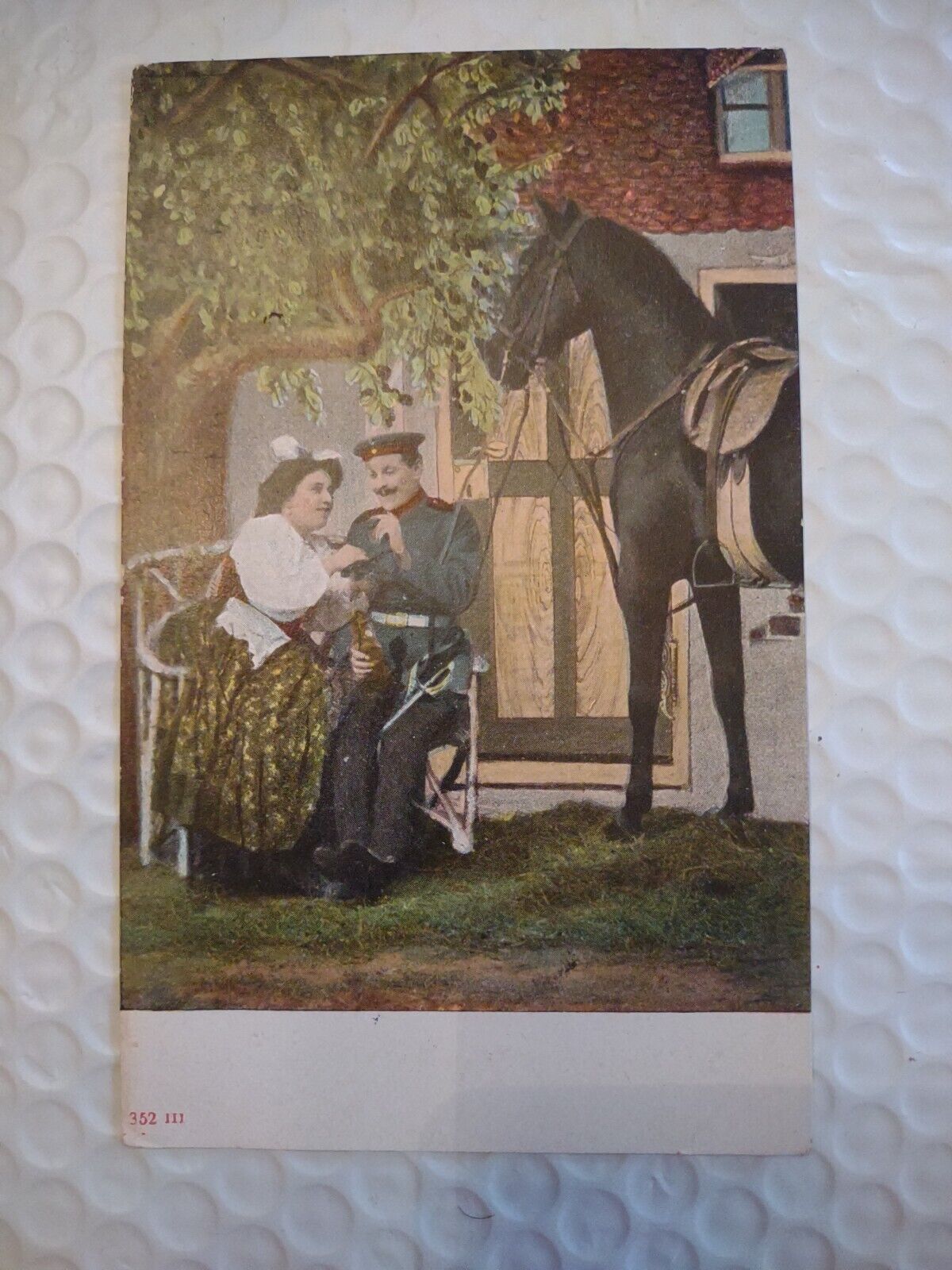 RPPC Hand Tinted German Couple Sitting w/ Horse 1900s