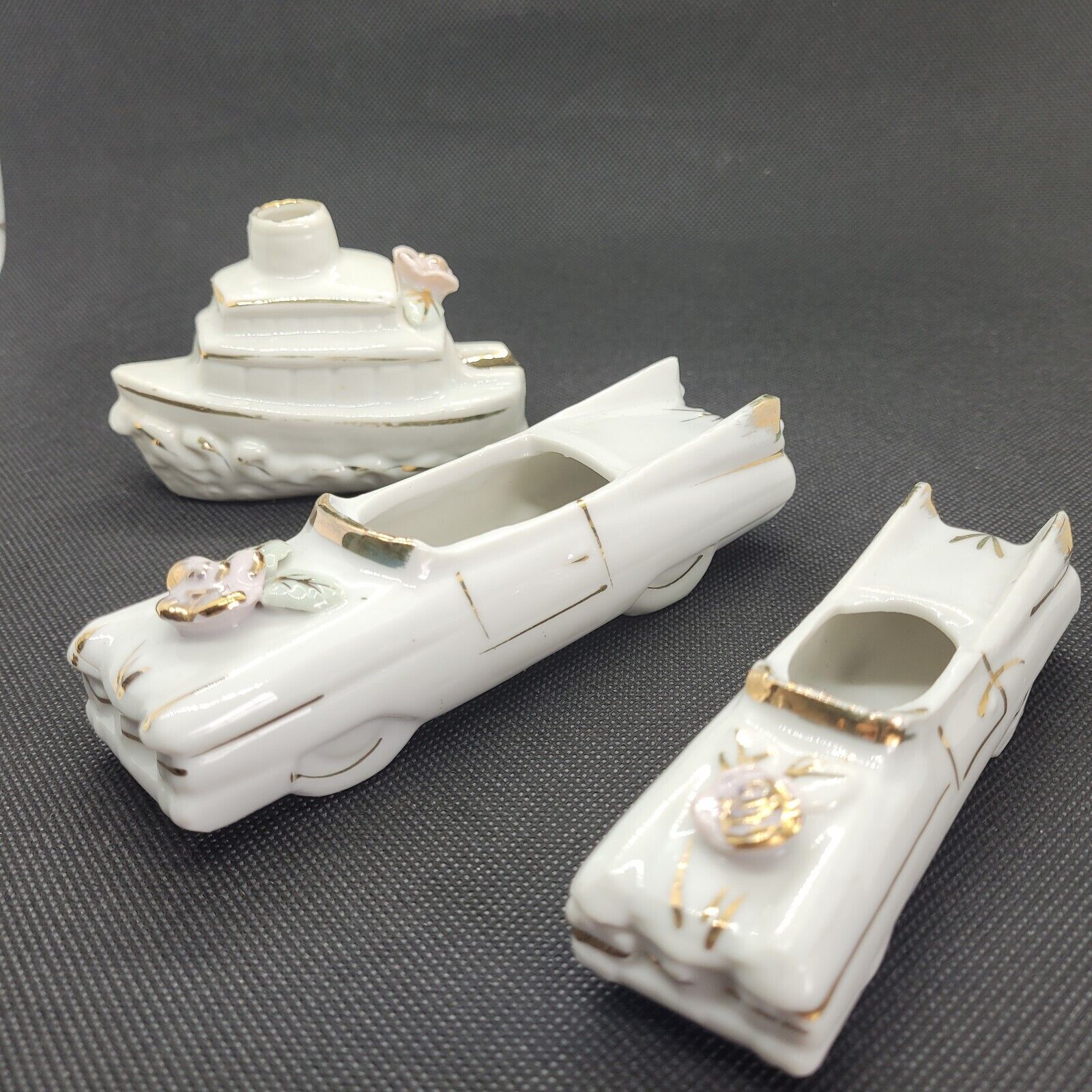 Vintage Porcelain (2) Cadillacs and (1) Steam Ship Miniatures.  Made in Japan