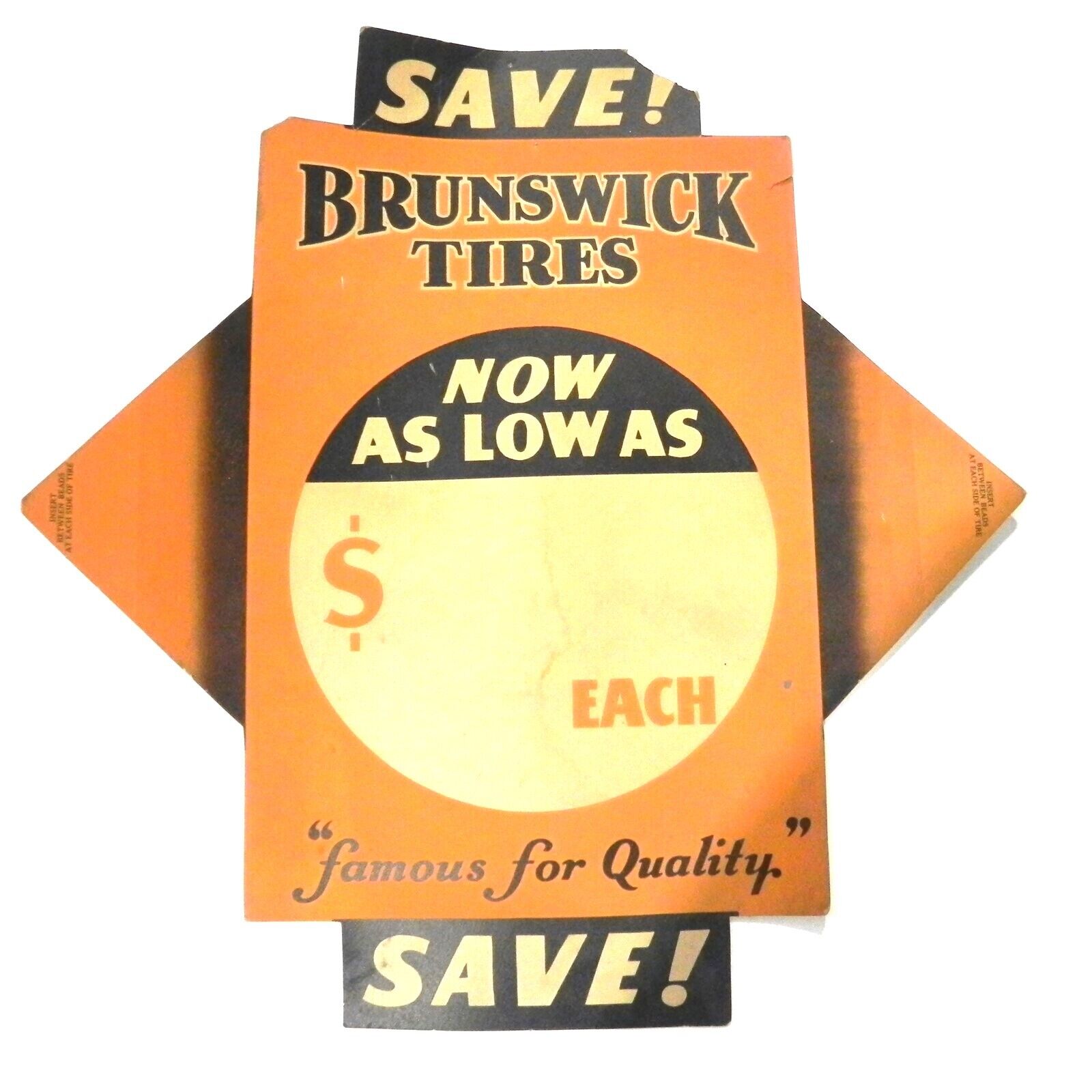 1920's 30's BRUNSWICK TIRES SIGN PAPER BOARD RARE SOME DAMAGE TEAR 2'x2' COOL