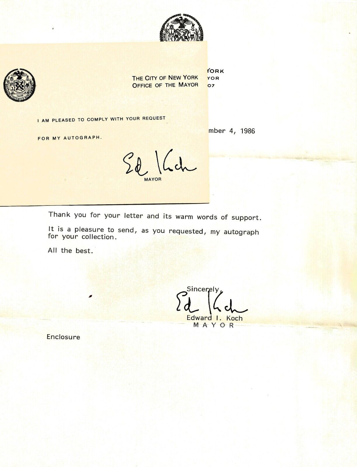 2 signatures of Former Mayor of New York 1978-89 on letter and official card