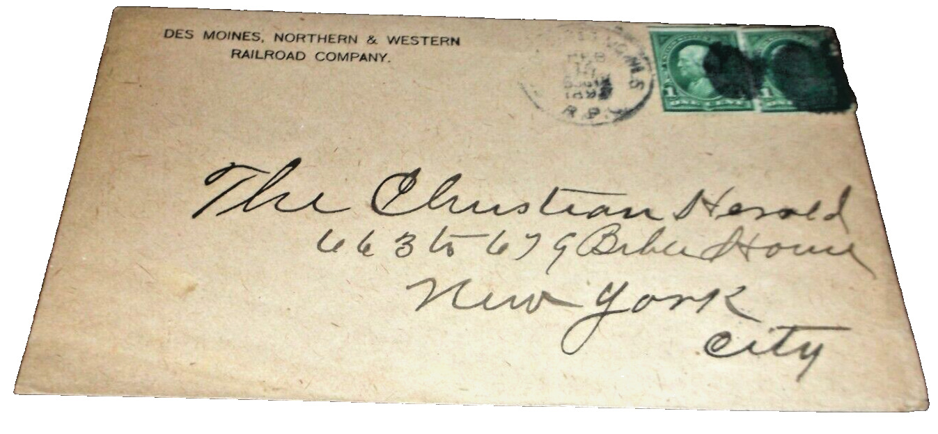 1892 DES MOINES NORTHERN  & WESTERN RAILROAD MILWAUKEE ROAD COMPANY ENVELOPE 