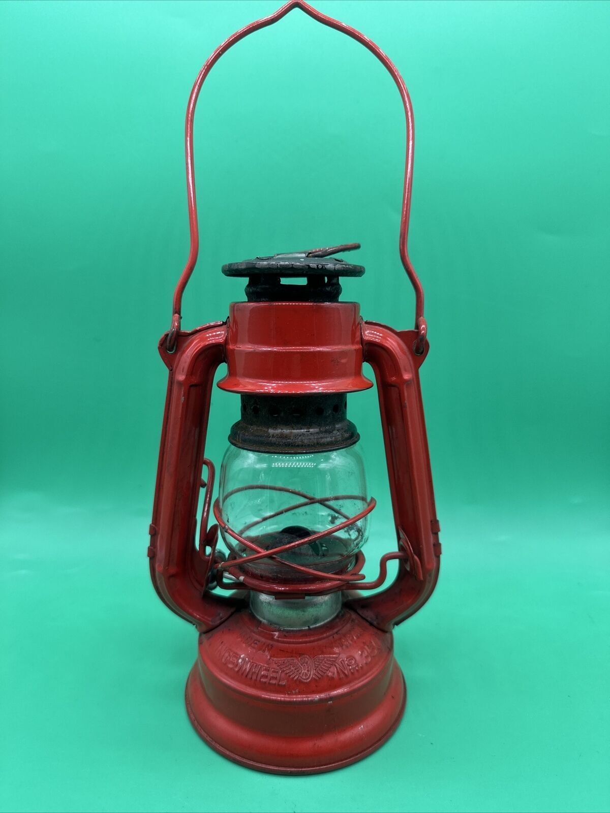 Vintage Winged Wheel No. 350 Red Kerosene Lantern Japan Lamp