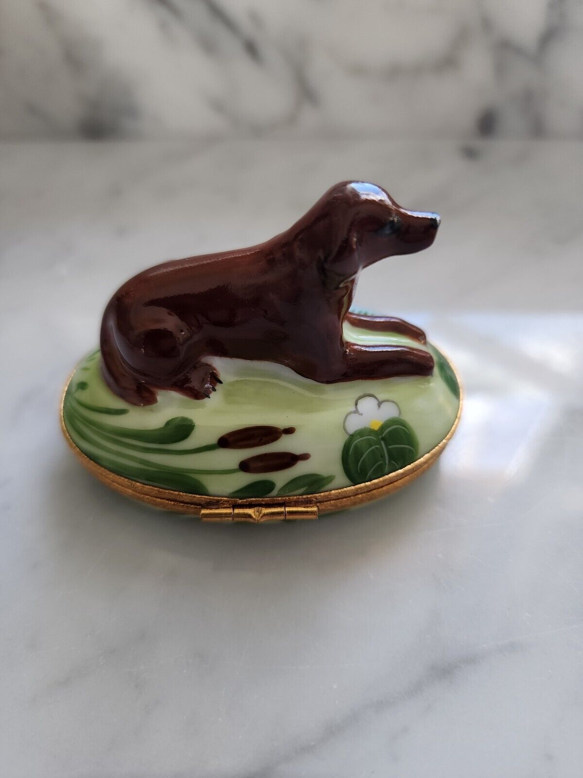 Authentic Artoria Hand Painted Porcelain Limoges Chocolate Lab Dog Trinket Box