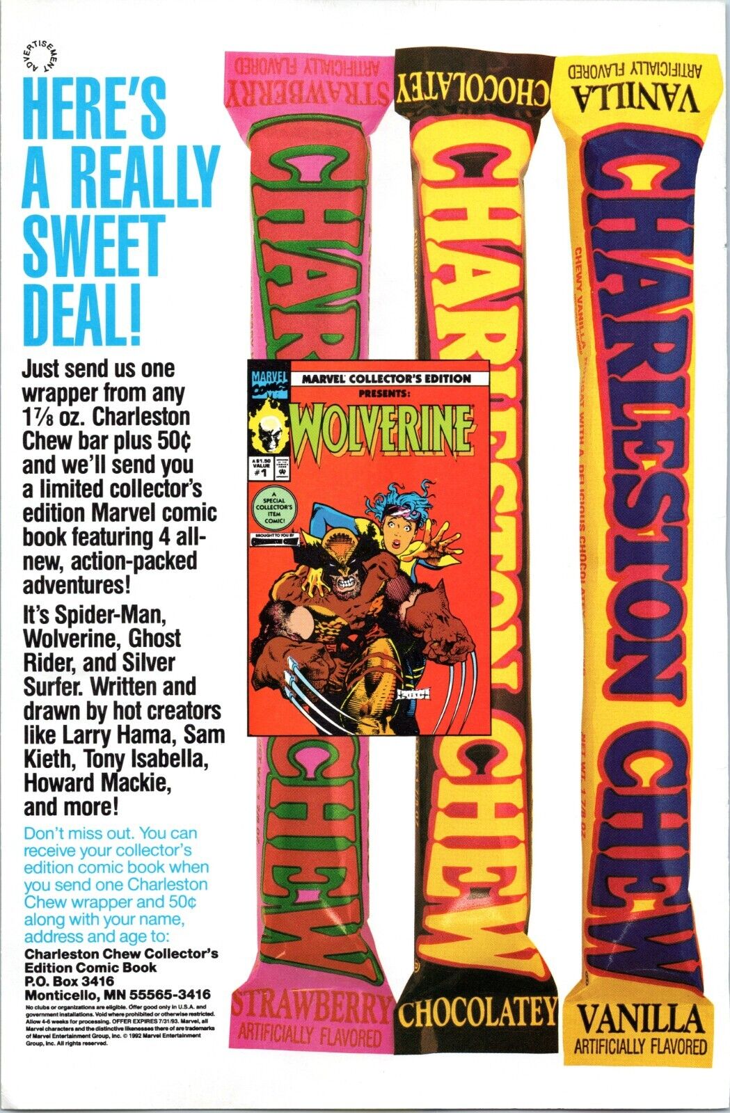 1992 Charleston Chew Candy bar print ad - Wolverine Comic offer- Comic Book size