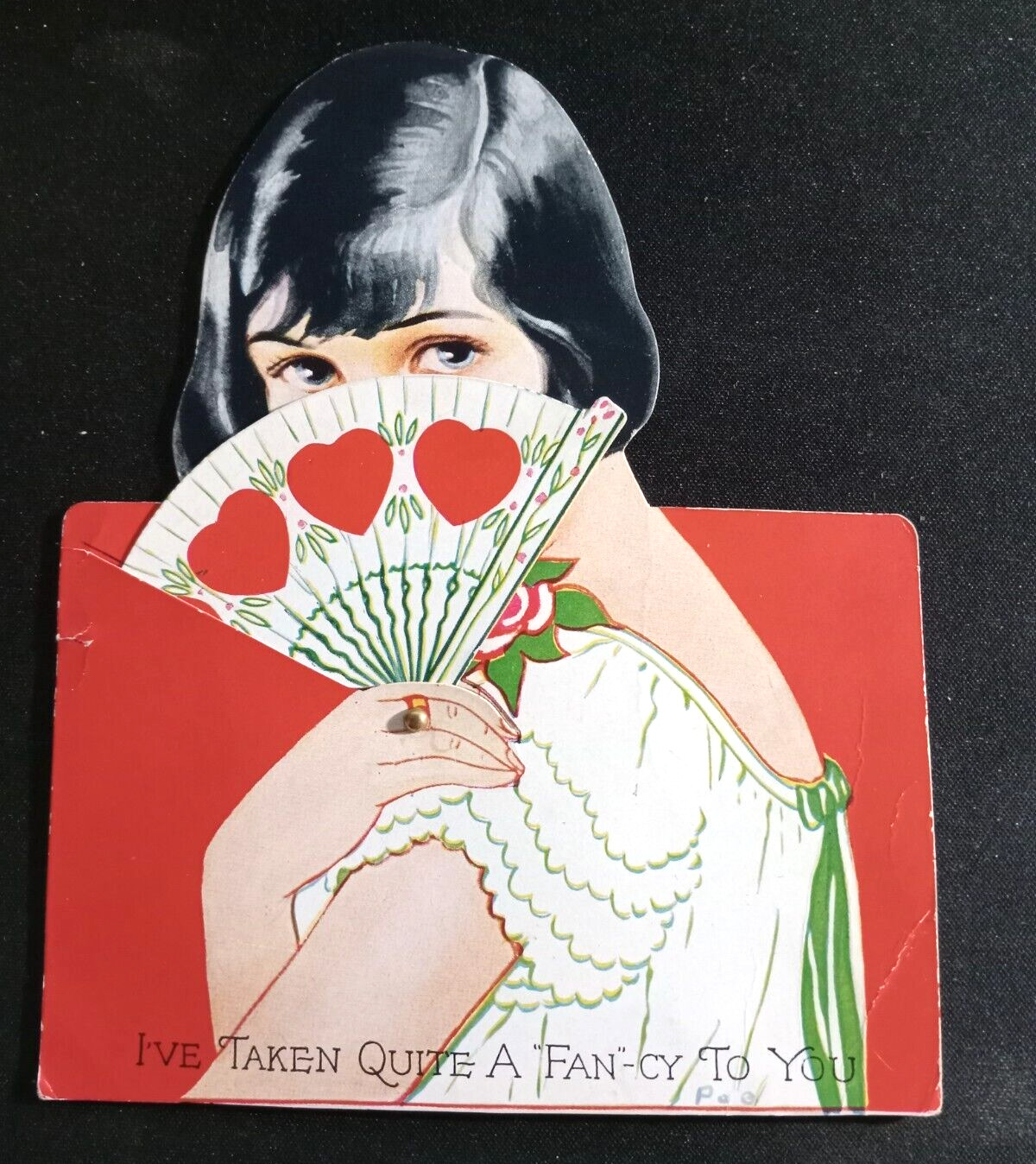 Art Deco CARRINGTON CO. MECHANICAL Valentine\'s Day Card Lady Moveable Hand Fan