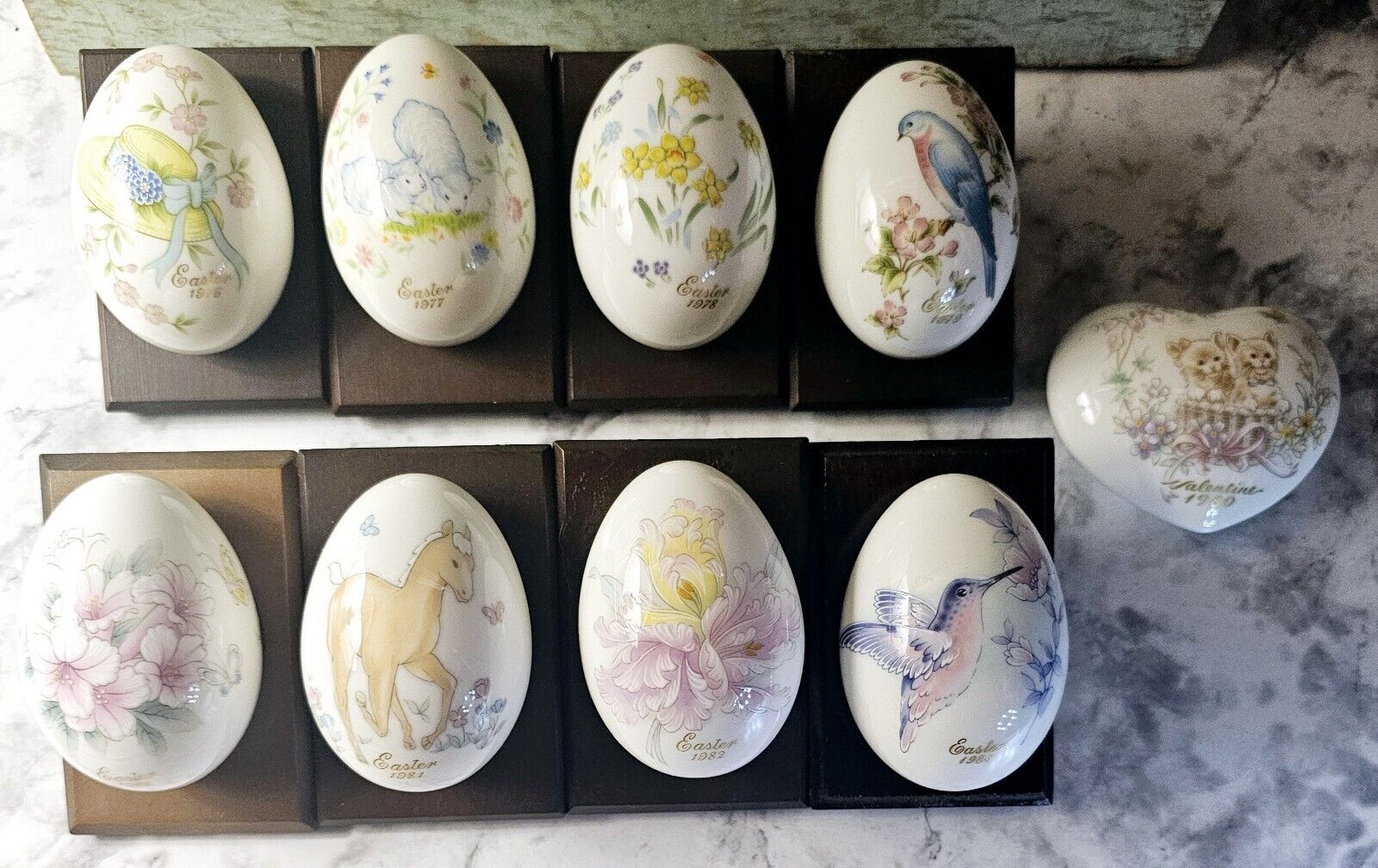 Vintage Noritake Bone China Easter Eggs 1976-1983 Lot Of 9 w Wooden Displays