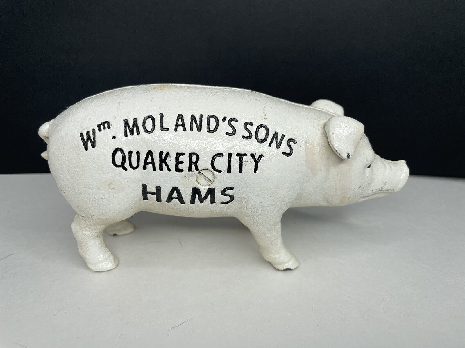 Vintage WM MOLAND’S SONS QUAKER CITY HAMS Advertising Piggy Bank Cast Iron