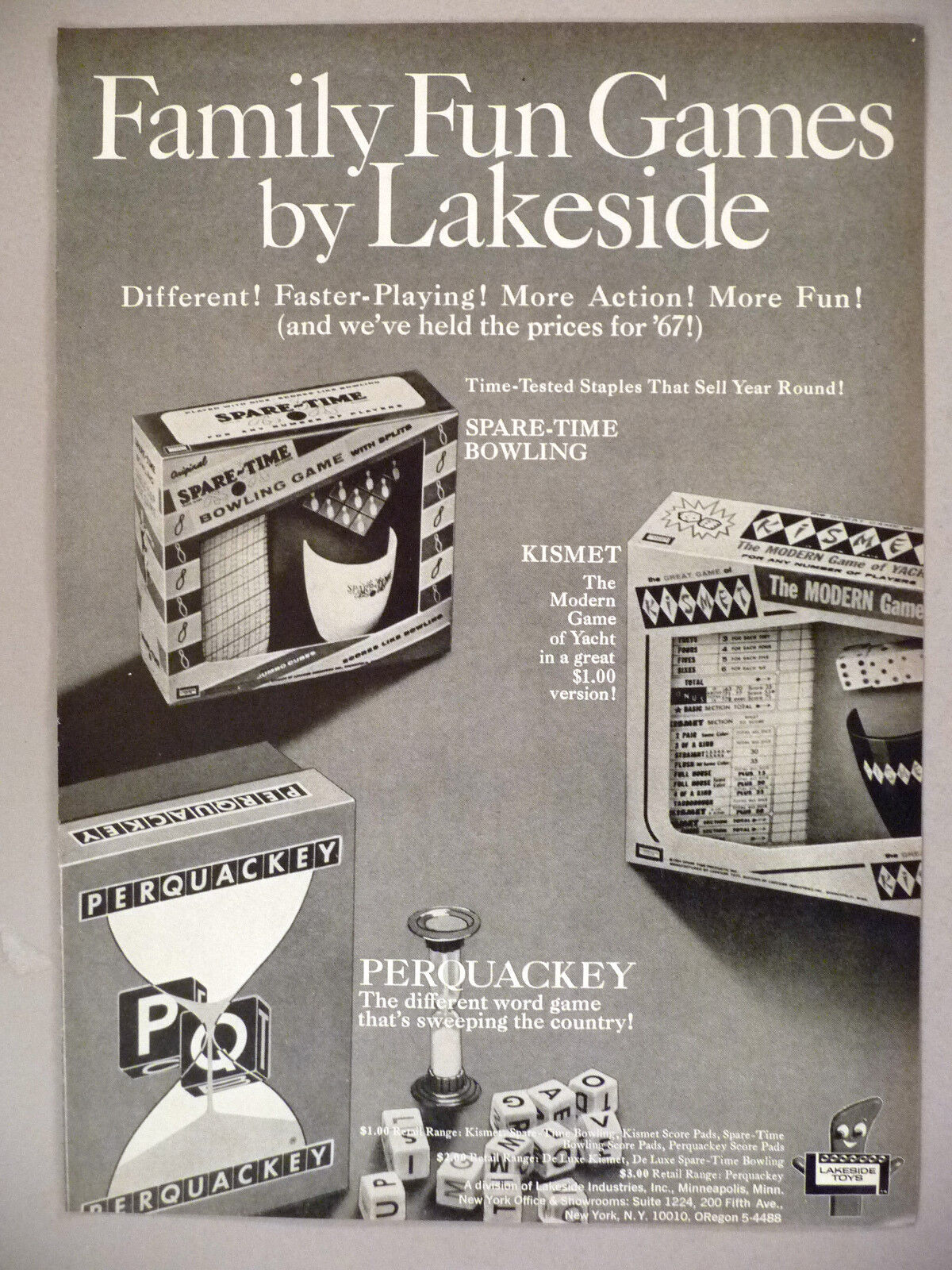 Lakeside Toys PRINT AD - 1967 ~ toy, game ~ Kismet, Spare-Time, Perquackey games
