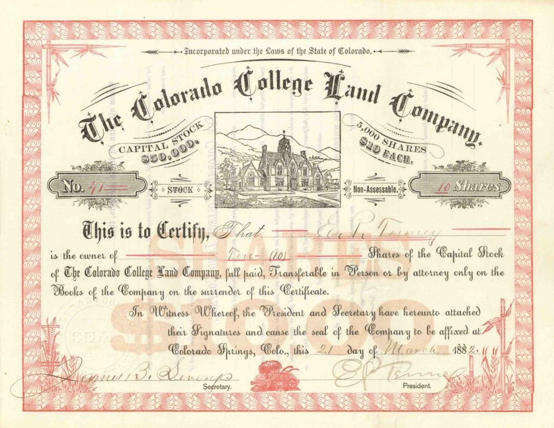 Colorado College Land Co Stock signed by Edward Payson Tenney - Autograph Stock 