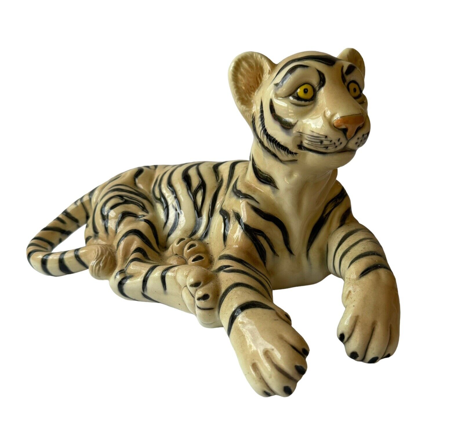 Handsome Vintage Ceramic Lounging Young Tiger Figurine - Made In Italy