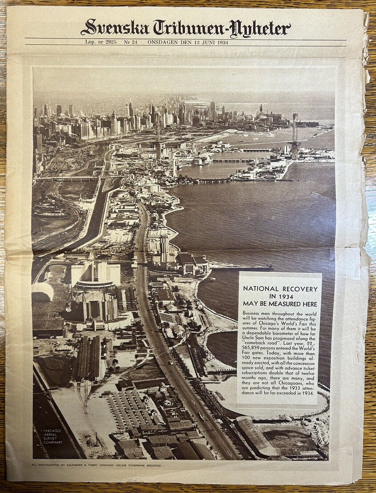 June 1934 Swedish Chicago Tribune Newspaper, World’s Fair Edition, Ephemera