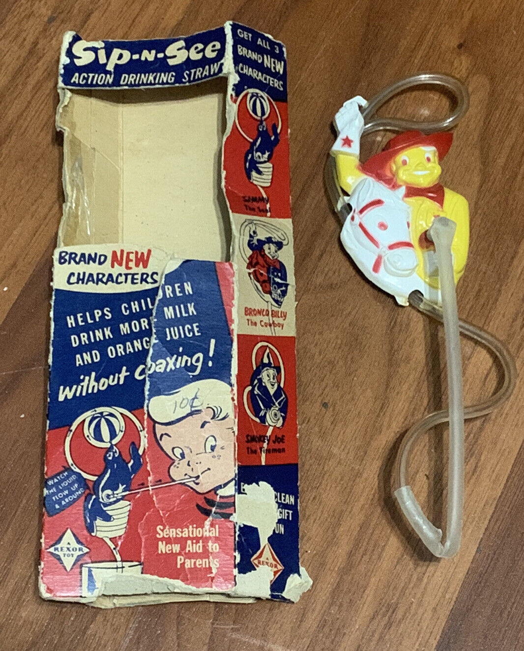 Vintage Sip-N-See Action Drinking Straw Bronco Billy The Cowboy 1952 Rexco