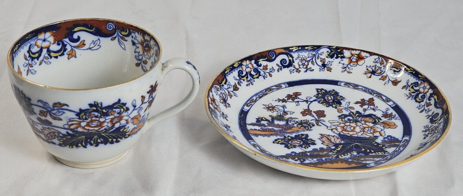 Mintons Flow Blue Amherst Japan Cup and Dinner Plate c. 1850s