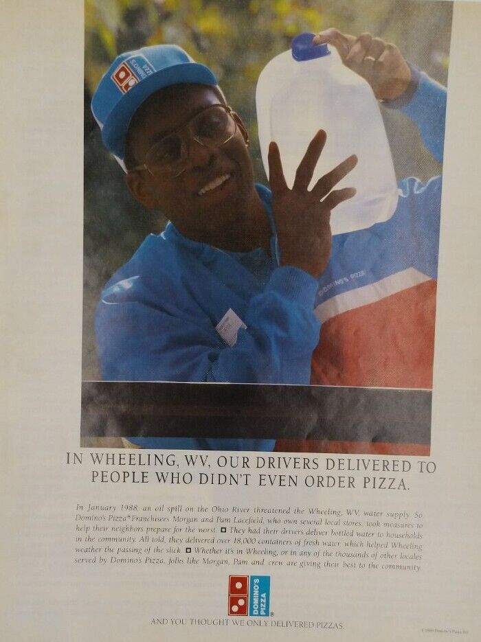 1990 Print Ad Domino\'s Pizza Delivery Guy Man Water Donation Wheeling Oil Spill