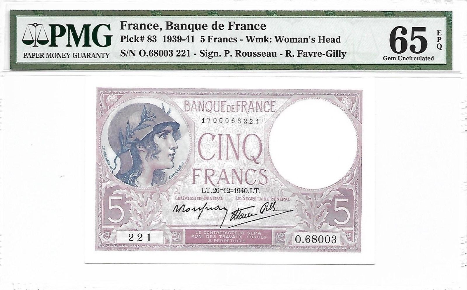 France, Banque de France - 5 Francs, 1940. LT. PMG 65 EPQ