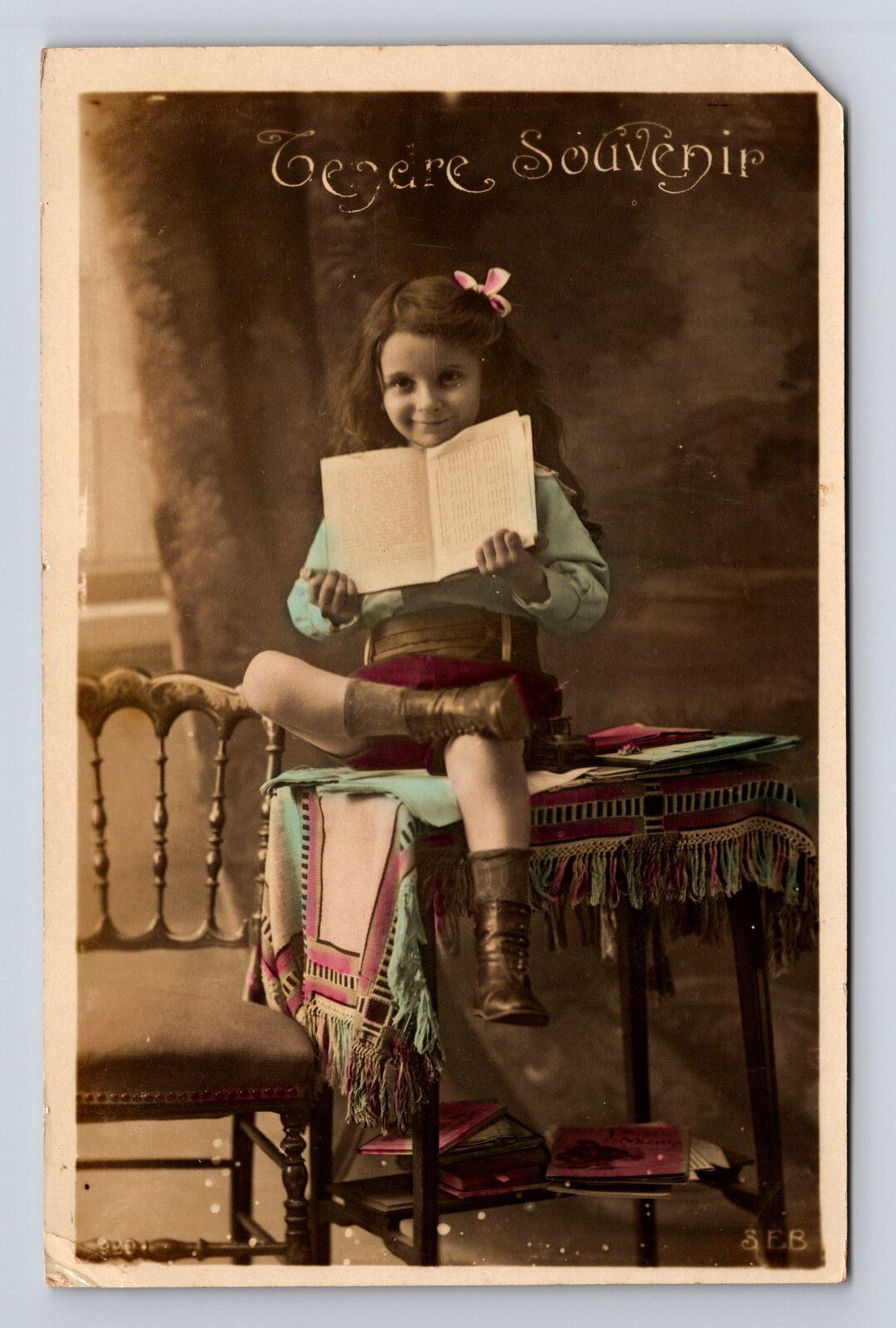 RPPC French Hand Colored Portrait of Young Girl & Book Reading Postcard