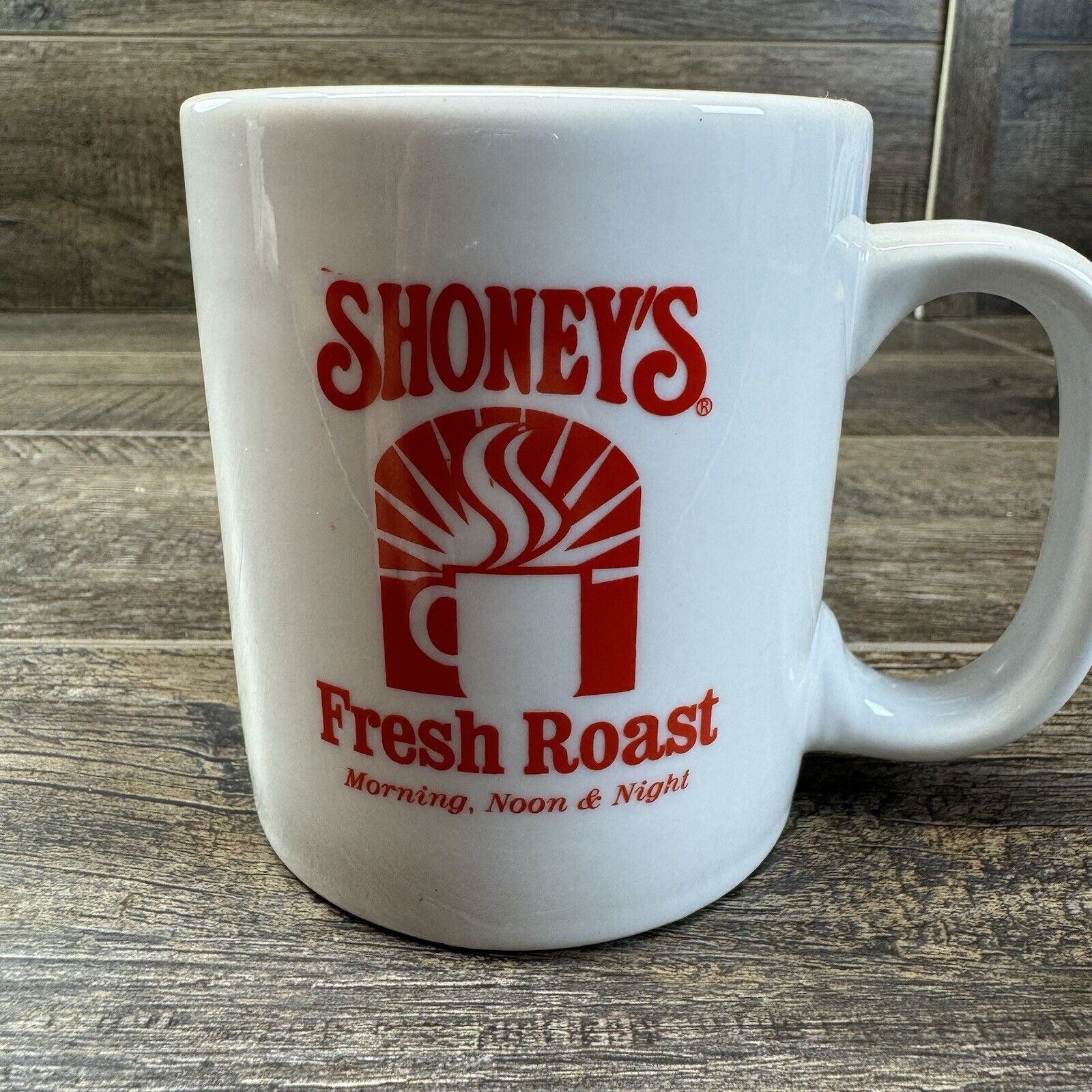 Vintage Shoney’s Fresh Roast Morning Noon & Night Coffee Mug - White & Red