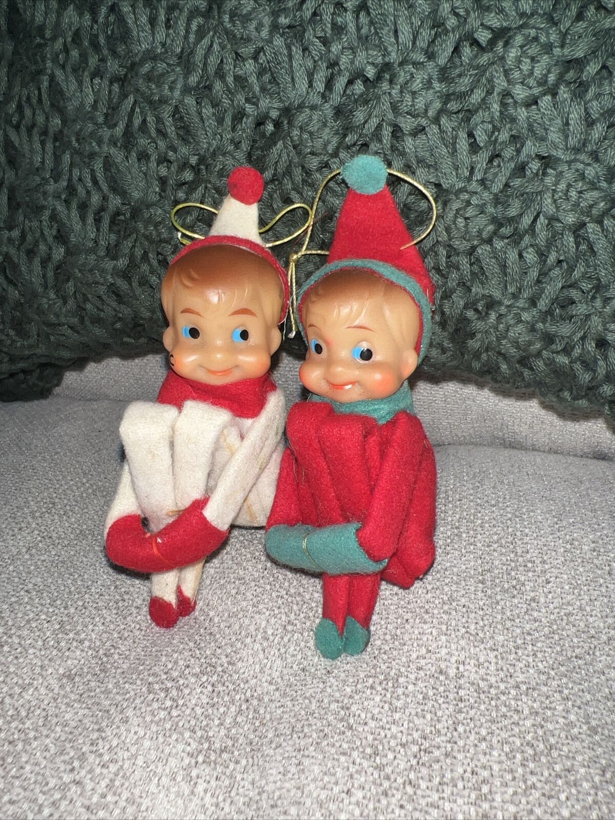 Set Of 2 Vintage Pixie Elf Knee Hugger Red Green White MCM Christmas  Ornaments