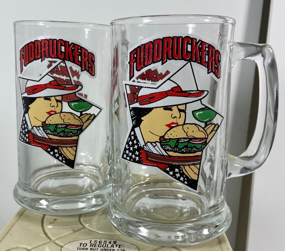 Set of 2 Vintage Fuddrucker\'s Restaurant Glass Beer Mugs