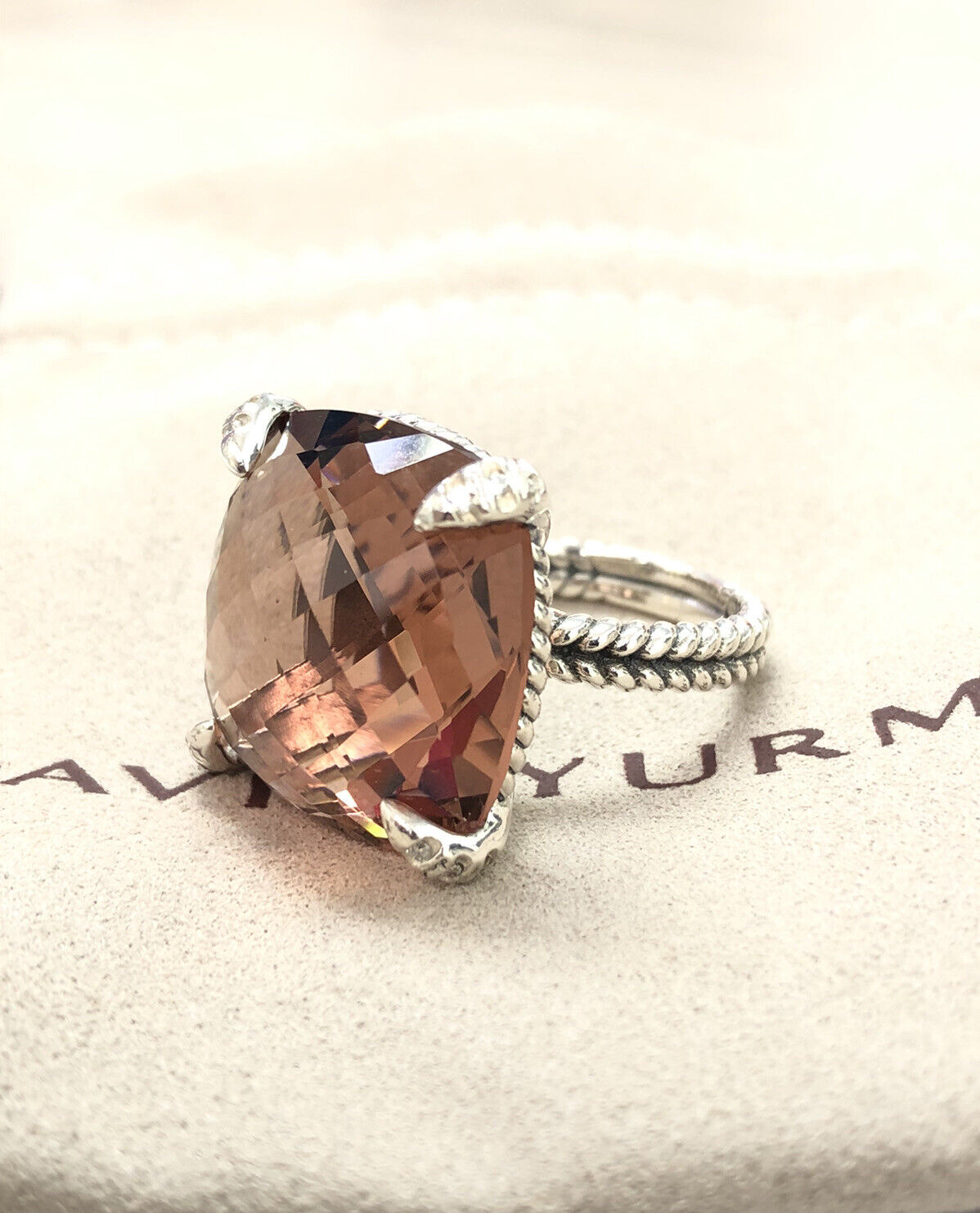 David Yurman Sterling Silver 20mm Chatelaine Morganite Ring & Diamonds sz 7