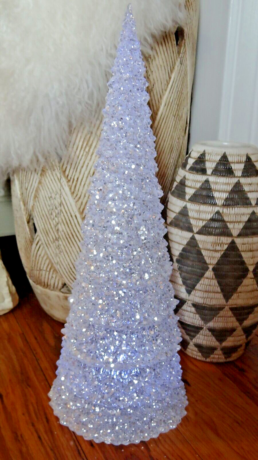 Large Lighted White Iridescent And Silver Glitter Cone Tree