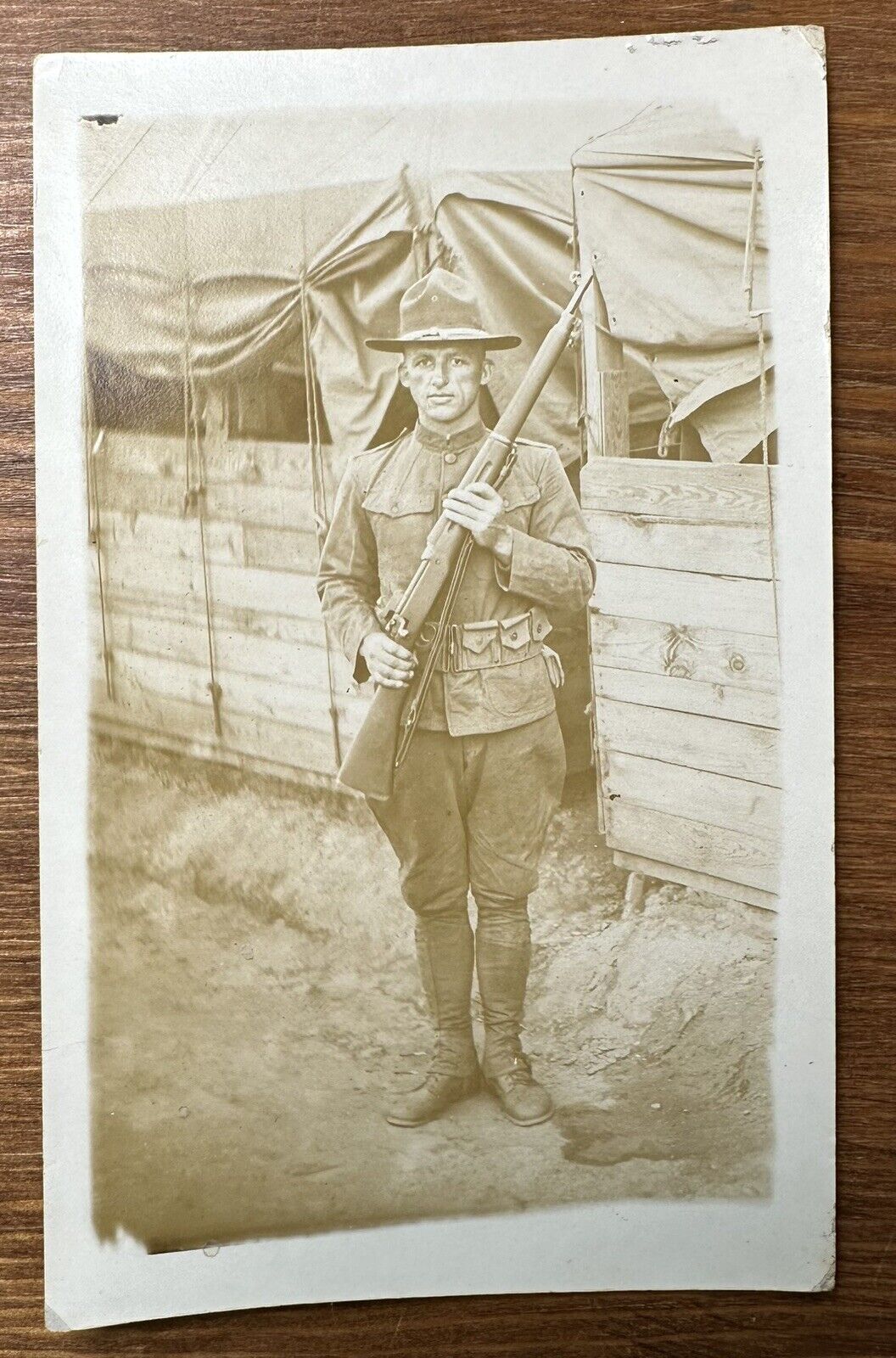 Vintage 1917 WWI WW1 RPPC US Soldier Holding Rifle In Uniform Photo Postcard