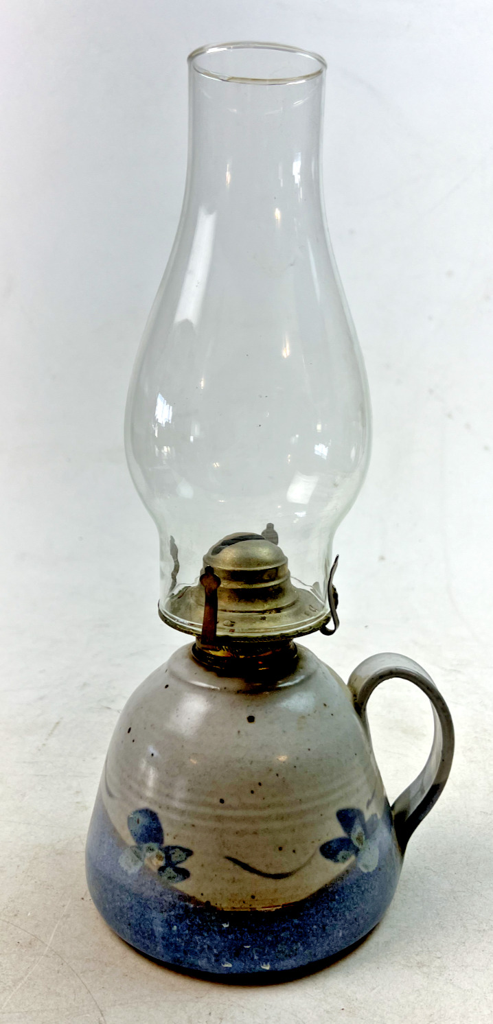 Vintage Glazed Ceramic Stoneware Oil Lamp with Handle