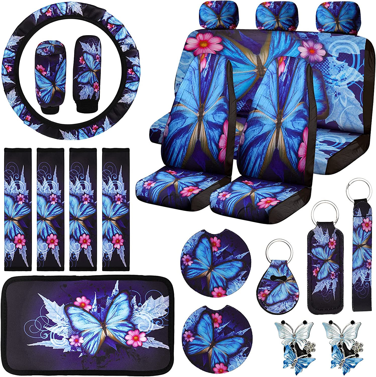 Frienda 22 Pieces Butterfly Car Seat Covers,Butterfly Car Accessories Set Steeri