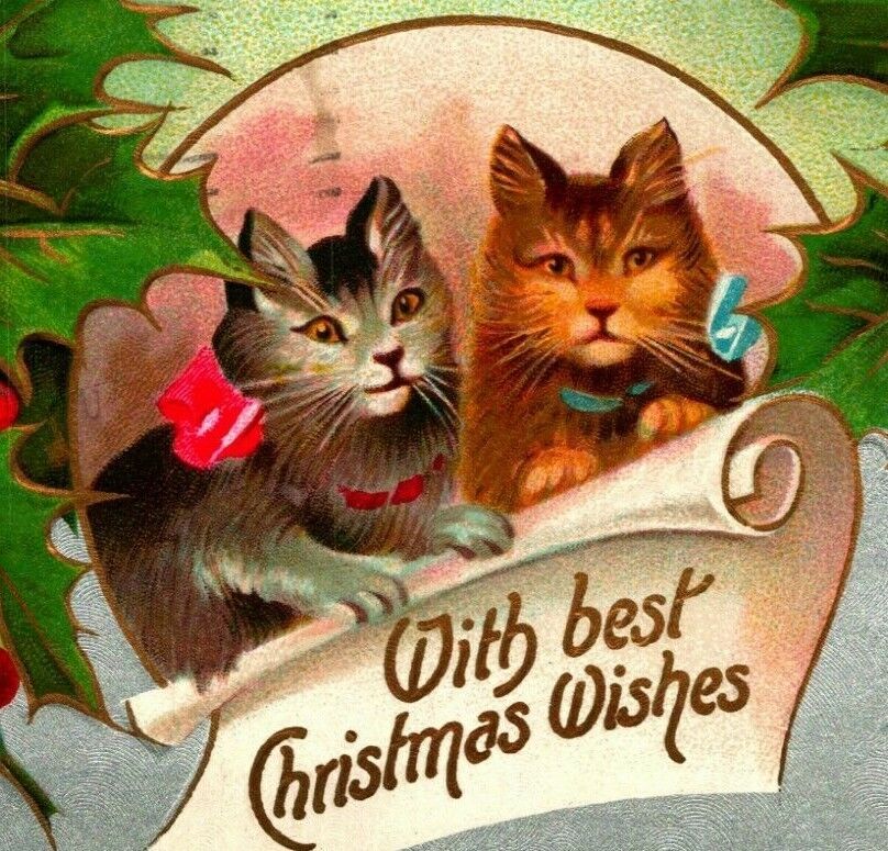 Adorable Cats Best Christmas Wishes Holly Foiled 1909 Embossed DB Postcard E12