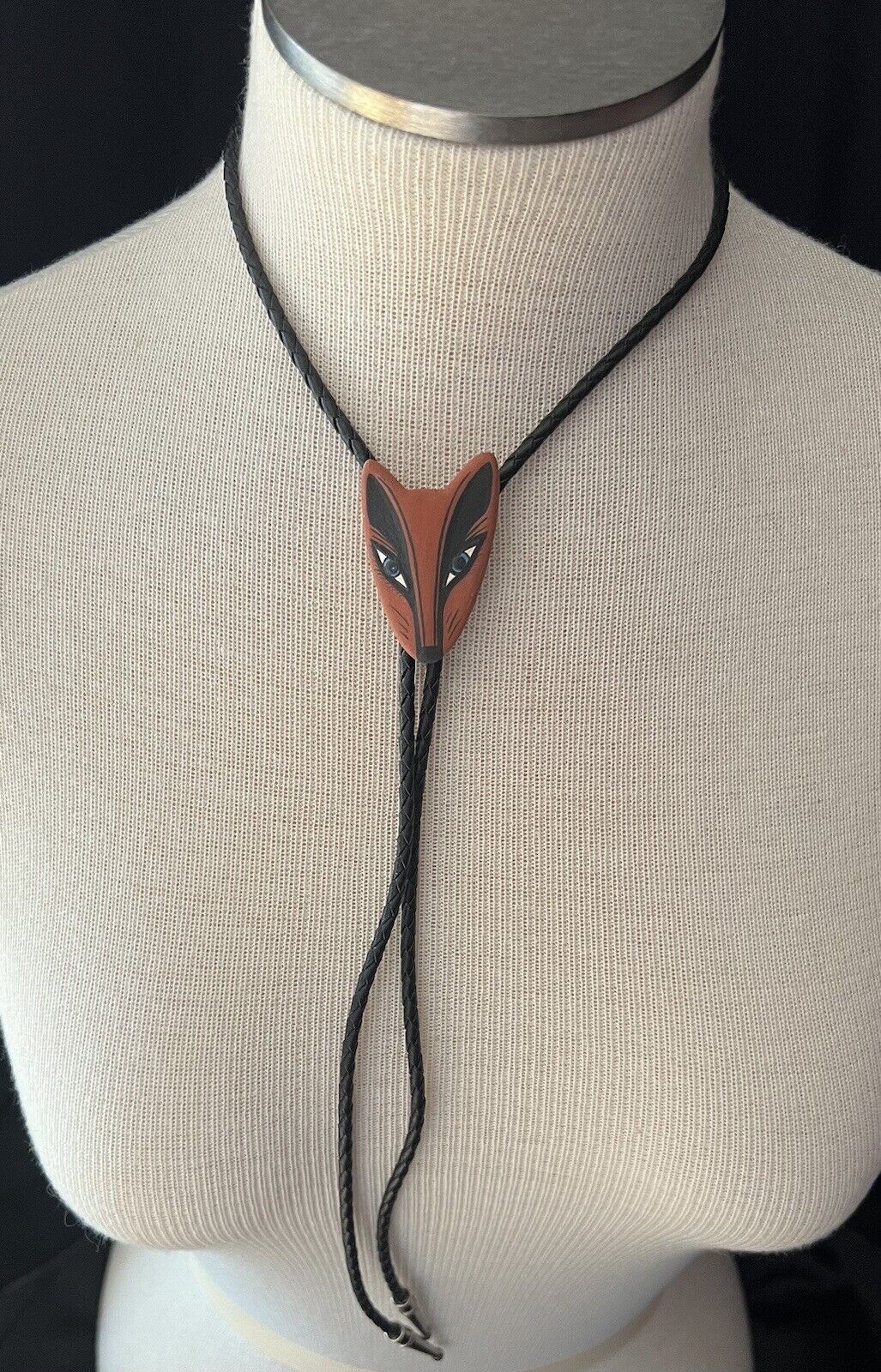 Native American  Leather Clay  Fox Southwest Bolo signed  By Artist