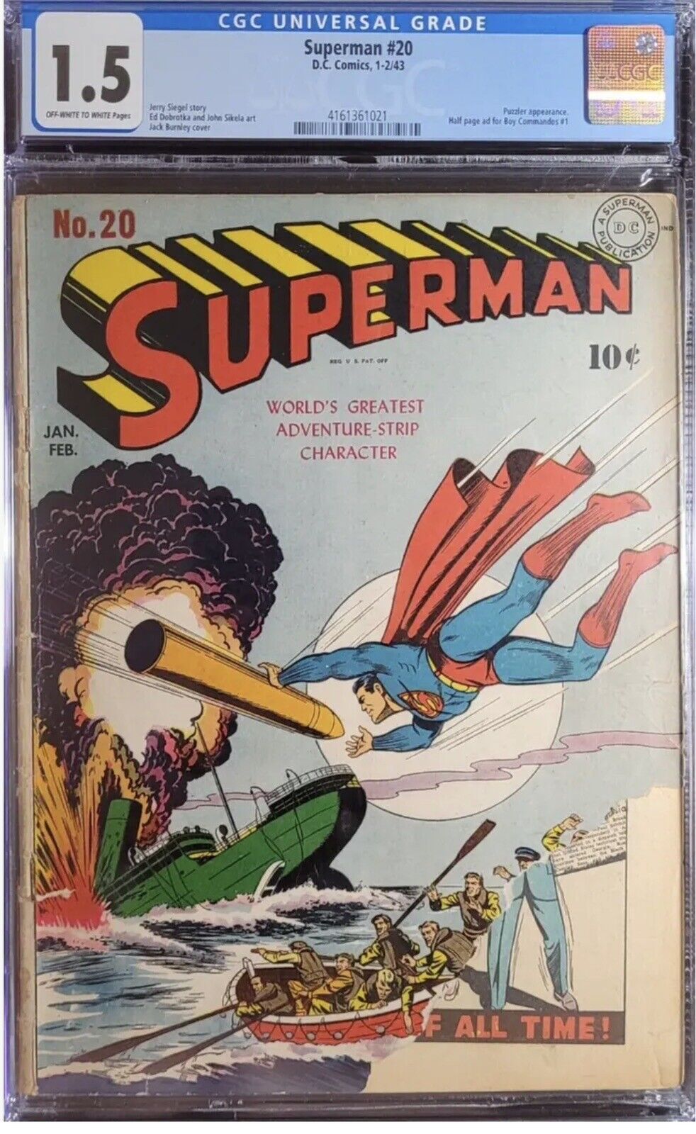 1943 Superman 20 CGC 1.5 WWII Superman Intercepts Missile Cover. Hitler App. War