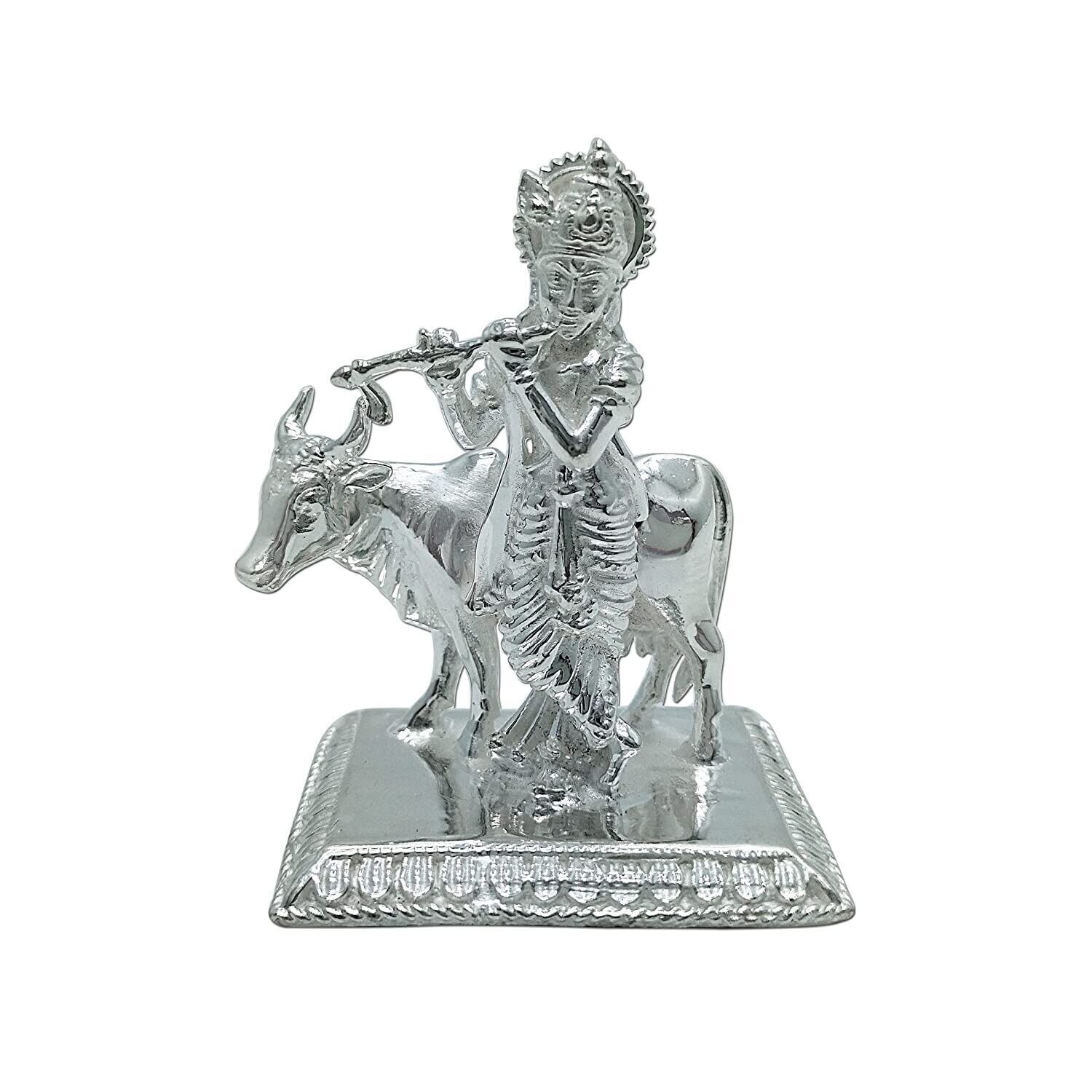 Indian Traditional Pure Silver Lord Krishna with Kamdhenu Cow For Puja 100gm