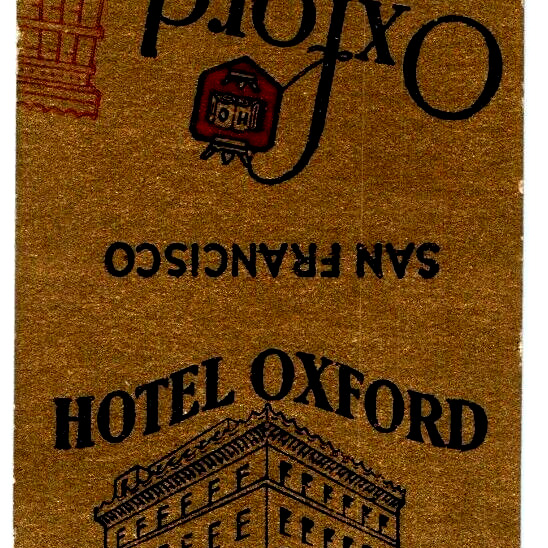 c1940s FLAT Unused San Francisco, CA Hotel Oxford Matchbook Cover Unfolded C36