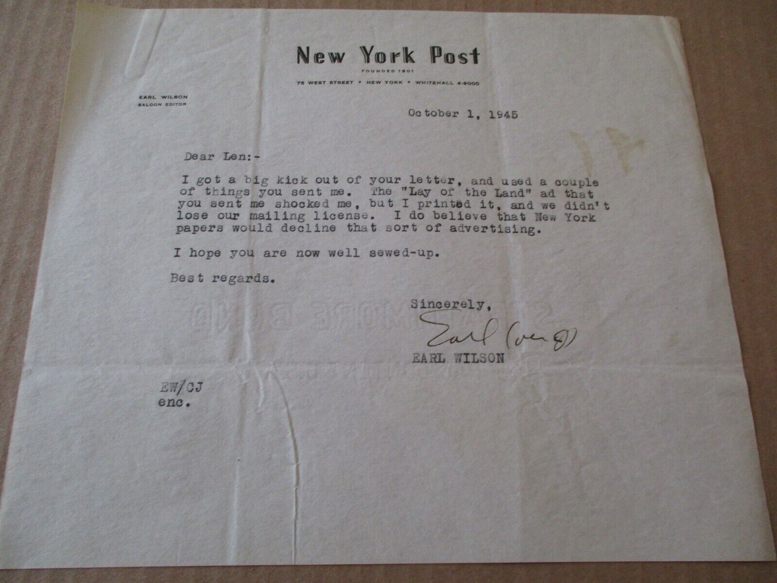 EARL WILSON SIGNED AUTOGRAPH LETTER FAMOUS AMERICAN HISTORIC JOURNALIST 1960\'S