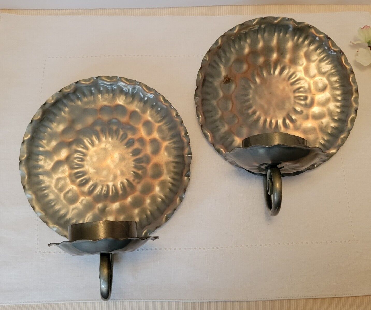 Vintage Pair Gregorian Copper Candle Holders Ruffled Wall Sconce 10x7.5\