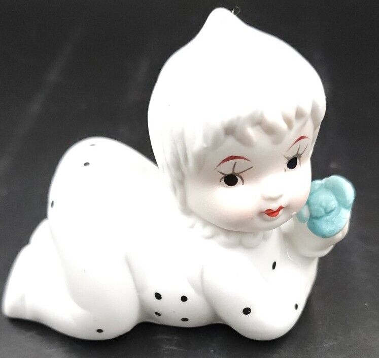 Adorable Vtg Napco Bisque Hand Painted Blue Flower Baby Figurine 3