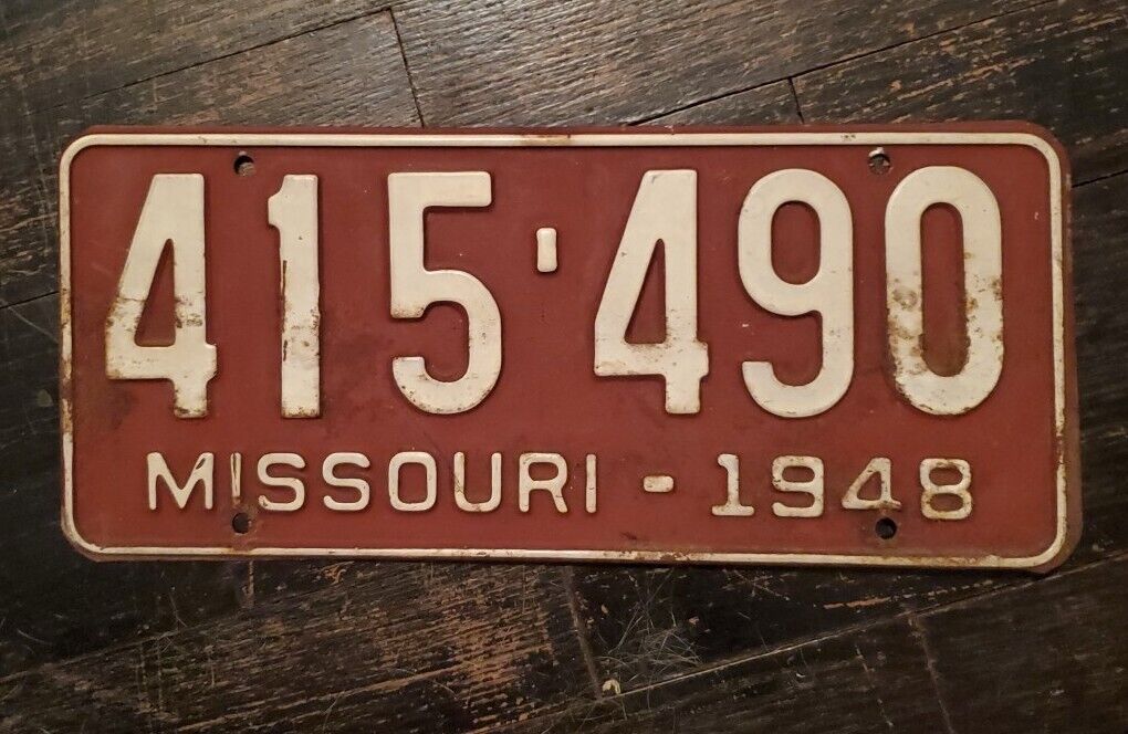 1948 Missouri license plate 415 490 Auto Car Collector Man Cave MO White On Red