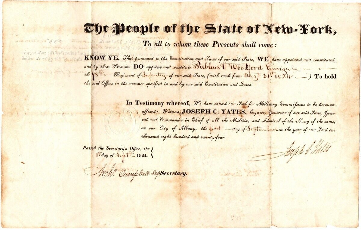 Gov Jos. Yates Signature Publius Woodford to Ensign 98 Rgmt NY Inf Sept 1, 1824