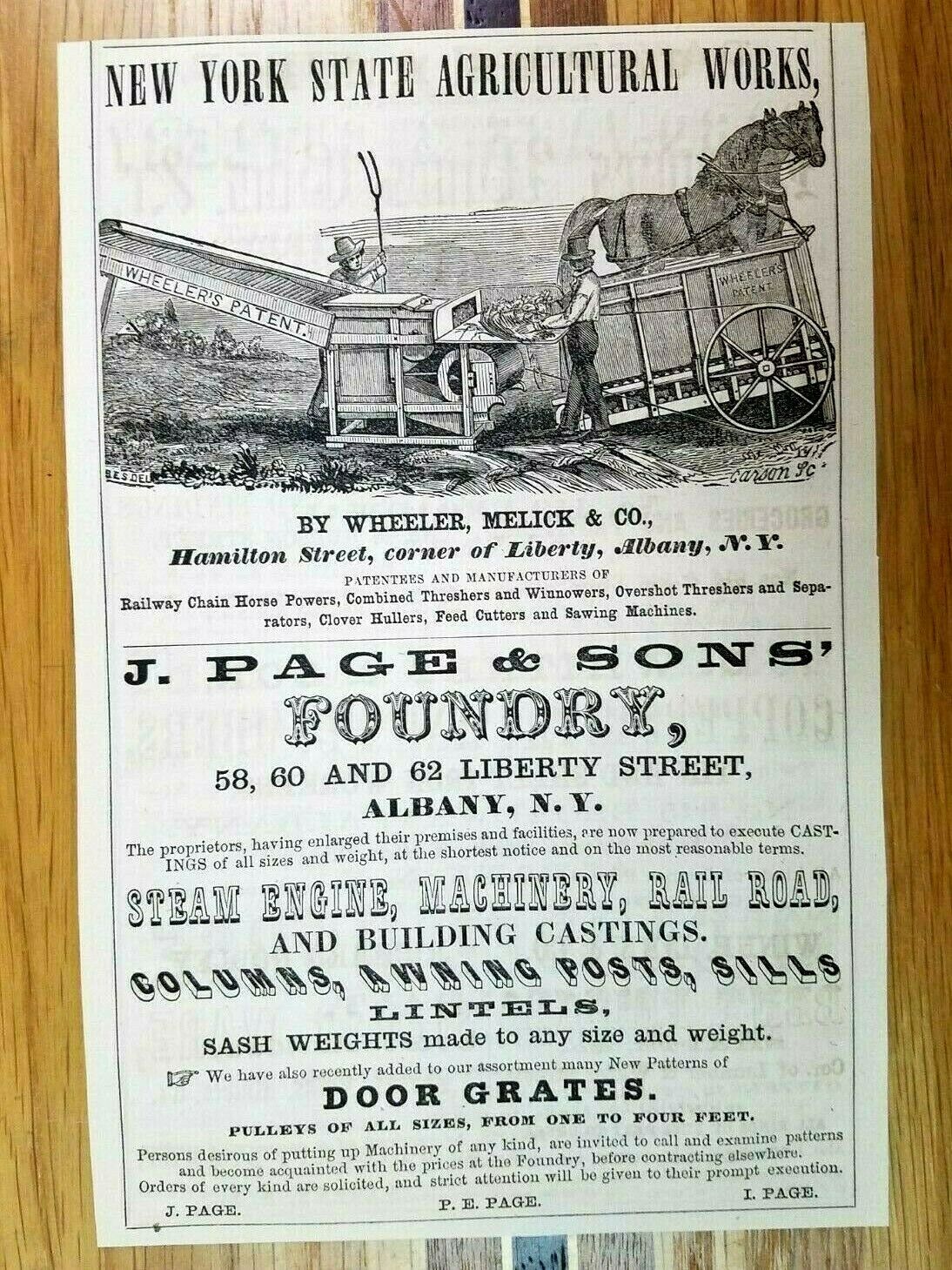 1857 New York Agricultural Works Wheeler Melick Albany Print Advertisement Rare