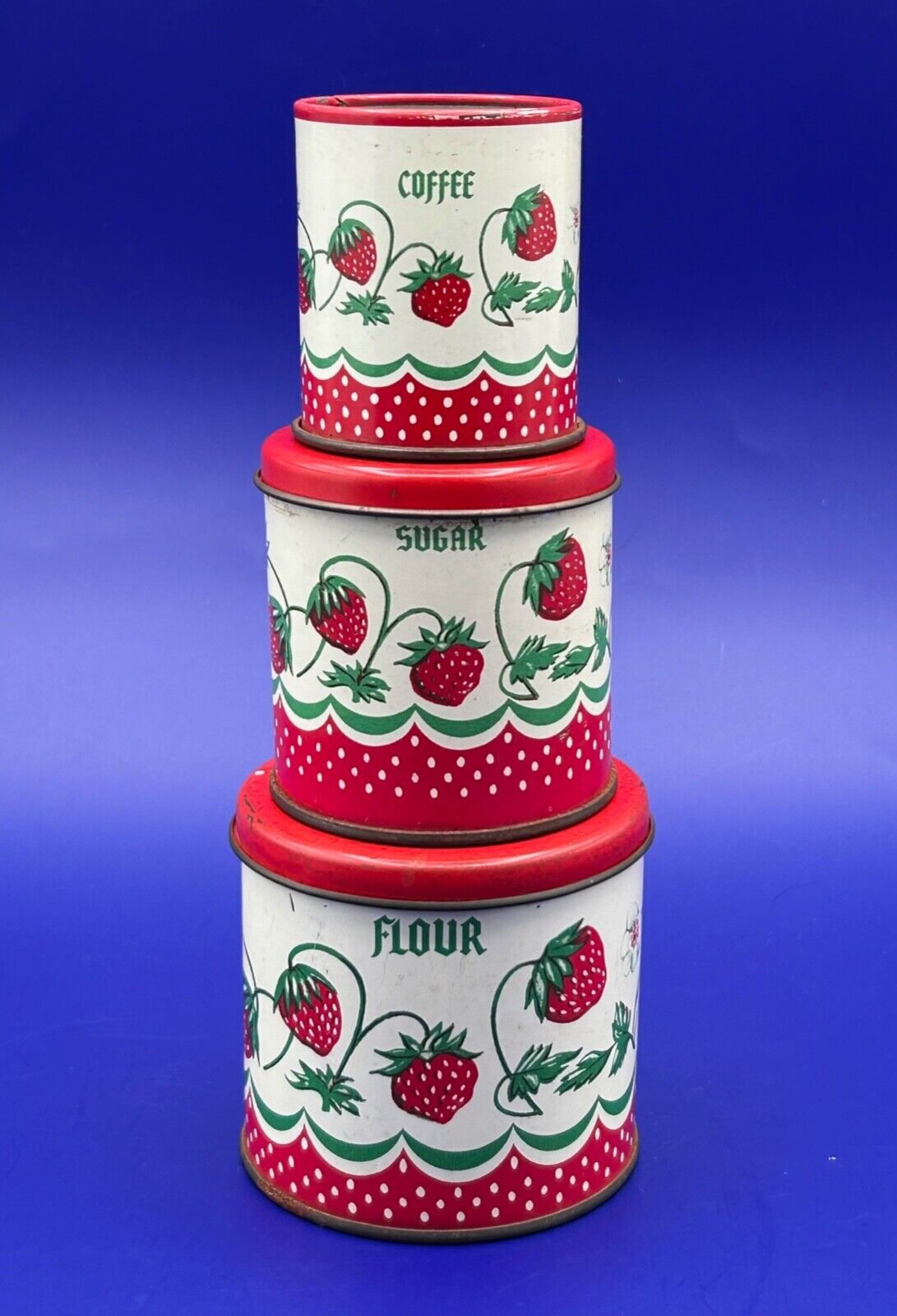 Antique Wolverine Toys USA 5 Piece Child\'s Tin Canister Set Strawberries Design