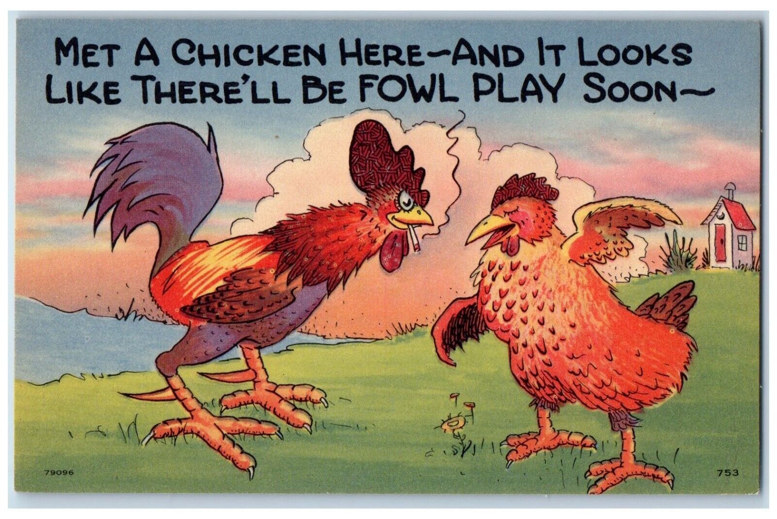c1930's Anthropomorphic Chicken Hen Smoking House Unposted Vintage Postcard