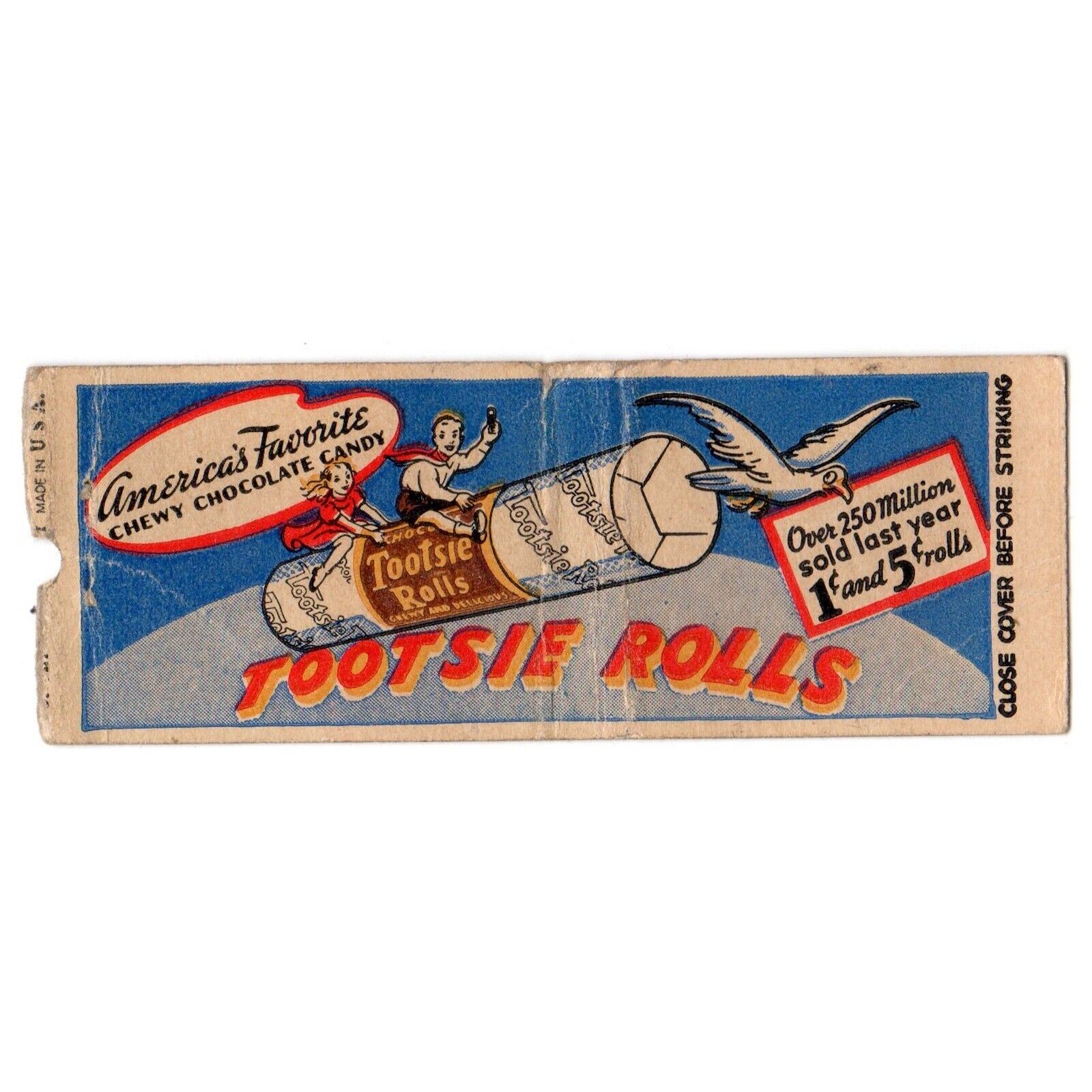 Vintage Matchbook Cover Flying Tootsie Roll 1920s Lion Match Co Bobtail Candy