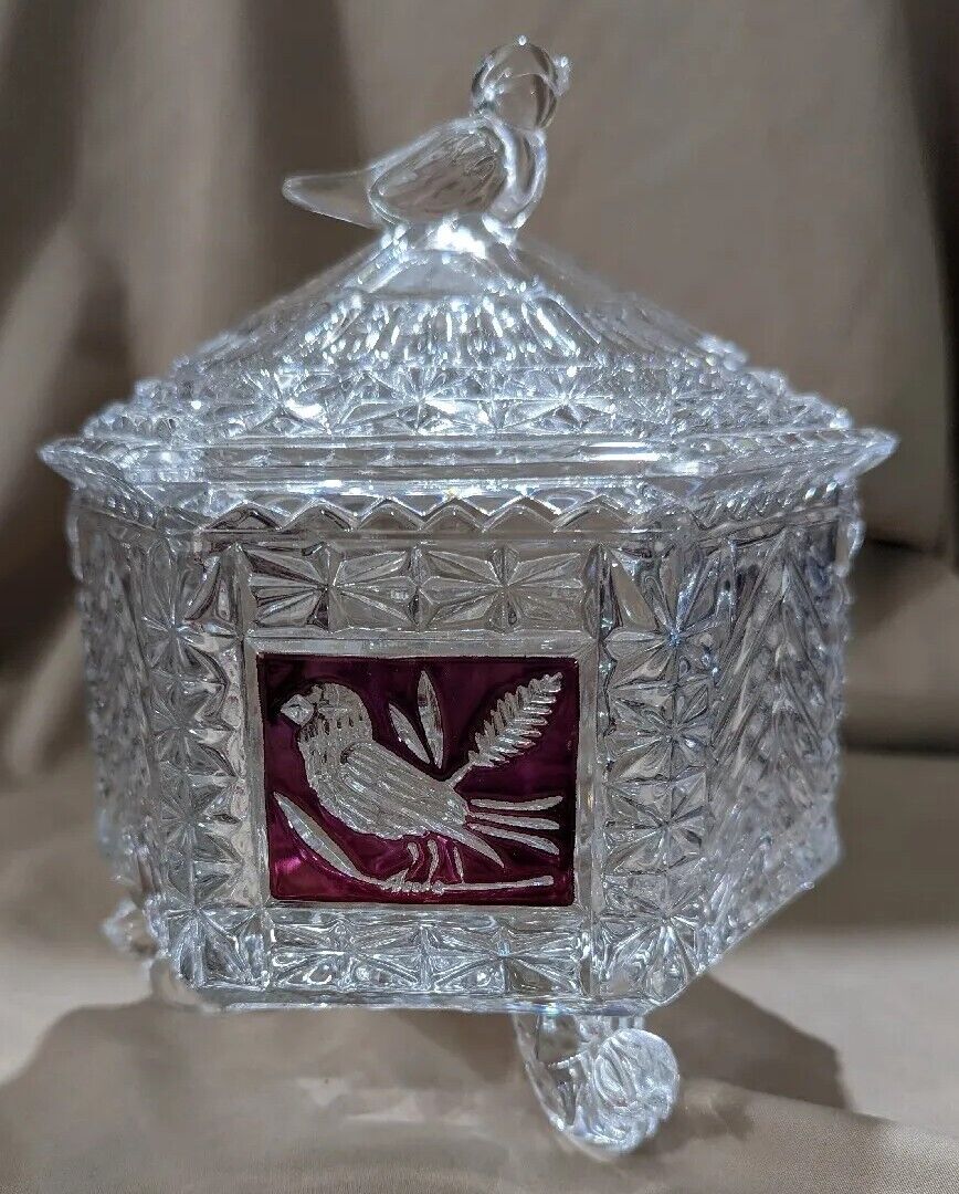 Hofbauer Red Byrde Crystal Collection Lidded Compote Bird Footed LNC JD